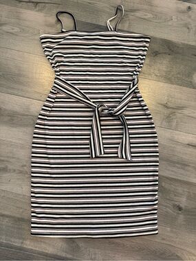Bear Dance Black & White Striped Tie‑Waist Midi Dress